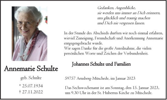 Traueranzeige von Annemarie Schulte von Tageszeitung