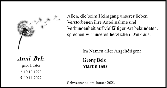 Traueranzeige von Anni Belz von Tageszeitung