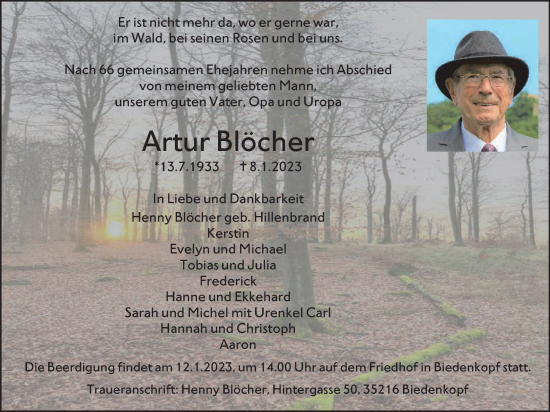 Traueranzeige von Artur Blöcher von Tageszeitung