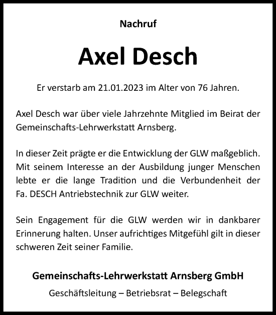 Traueranzeige von Axel Desch von Tageszeitung