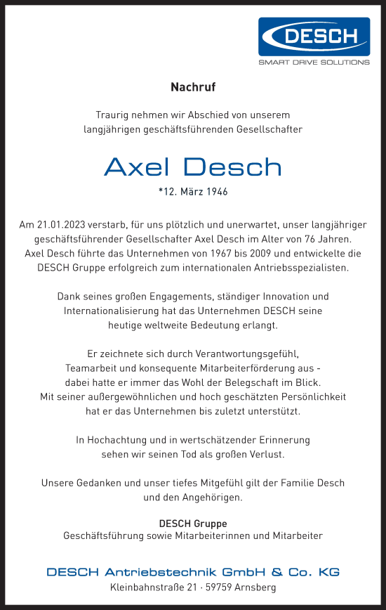 Traueranzeige von Axel Desch von Tageszeitung