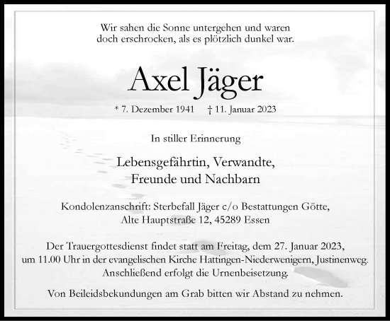 Traueranzeige von Axel Jäger von Tageszeitung