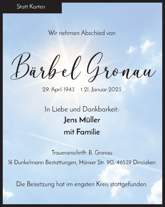 Traueranzeige von Bärbel Gronau von Tageszeitung