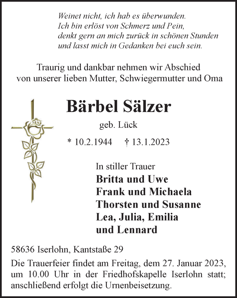  Traueranzeige für Bärbel Sälzer vom 20.01.2023 aus Tageszeitung