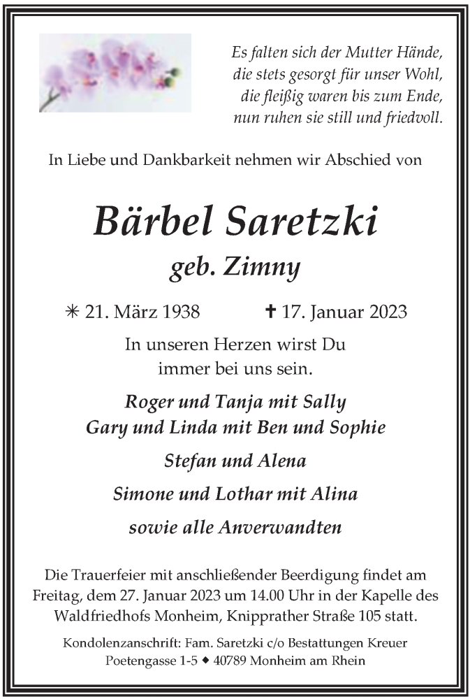  Traueranzeige für Bärbel Saretzki vom 21.01.2023 aus WVW Anzeigenblätter