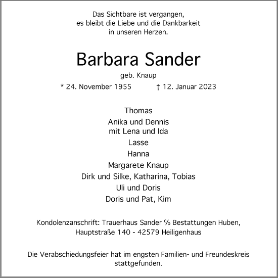 Traueranzeige von Barbara Sander von WVW Anzeigenblätter