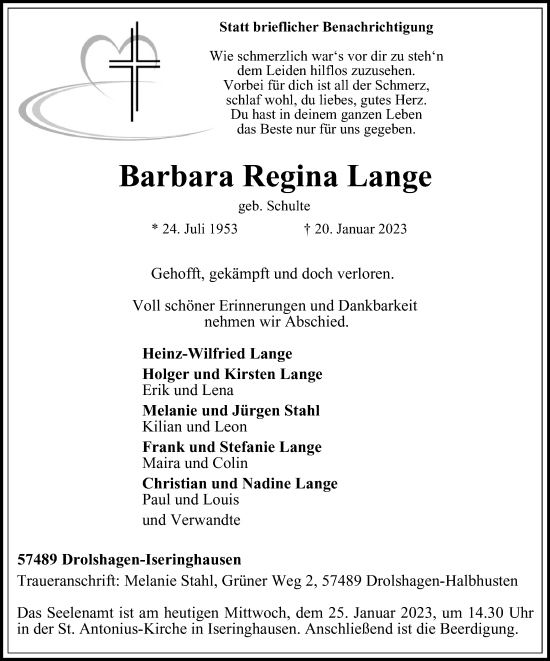 Traueranzeige von Barbara Regina Lange von Tageszeitung