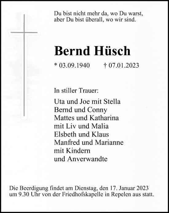 Traueranzeige von Bernd Hüsch von Tageszeitung
