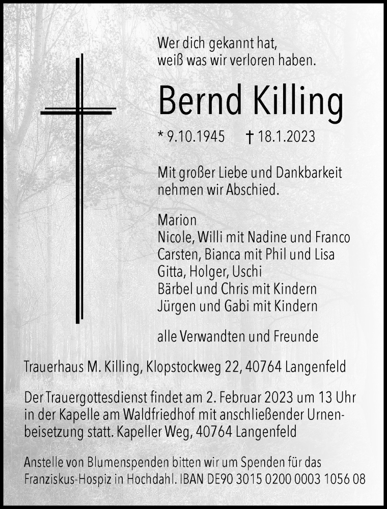  Traueranzeige für Bernd Killing vom 28.01.2023 aus WVW Anzeigenblätter