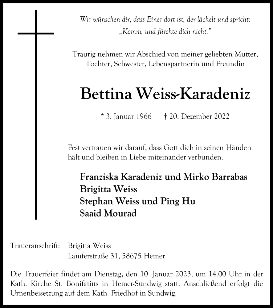  Traueranzeige für Bettina Weiss-Karadeniz vom 04.01.2023 aus Tageszeitung