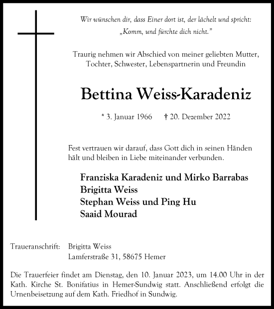 Traueranzeige von Bettina Weiss-Karadeniz von Tageszeitung