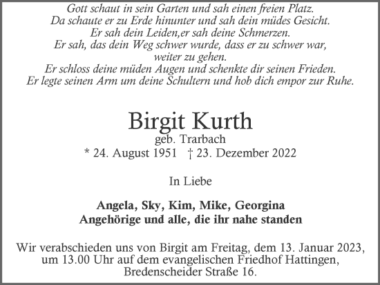 Traueranzeige von Birgit Kurth von WVW Anzeigenblätter