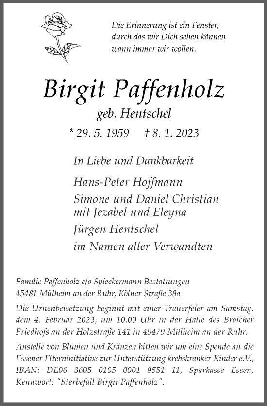 Traueranzeige von Birgit Paffenholz von WVW Anzeigenblätter