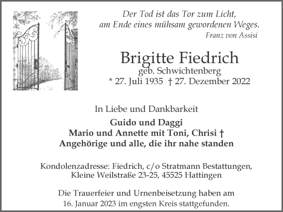 Traueranzeige von Brigitte Fiedrich von WVW Anzeigenblätter