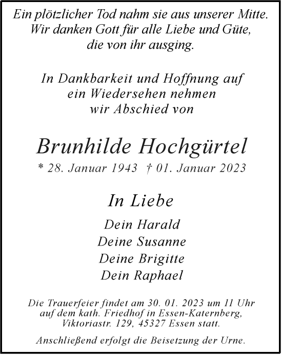 Traueranzeige von Brunhilde Hochgürtel von Tageszeitung