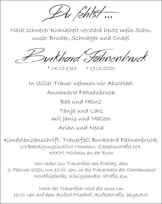 Traueranzeige von Burkhard Fahnenbruck von WVW Anzeigenblätter