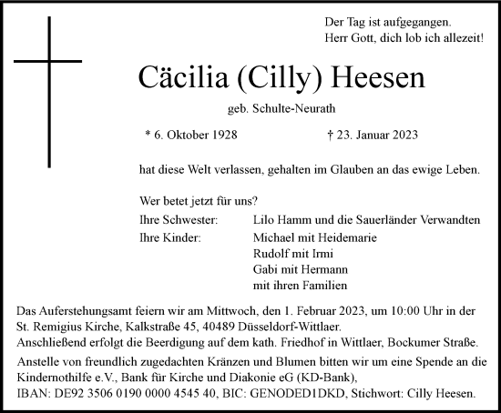 Traueranzeige von Cäcilia Heesen von Tageszeitung