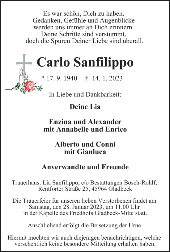 Traueranzeige von Carlo Sanfilippo von WVW Anzeigenblätter