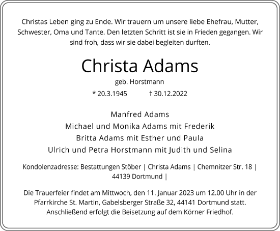 Traueranzeige von Christa Adams von Tageszeitung