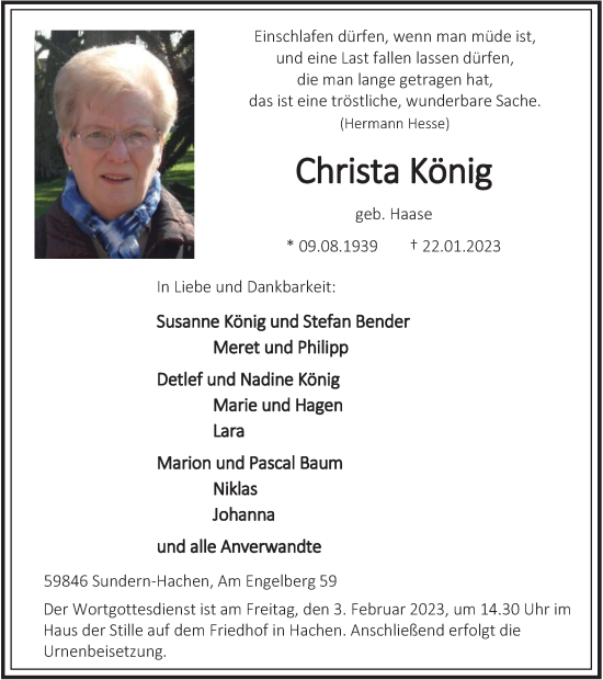 Traueranzeige von Christa König von Tageszeitung