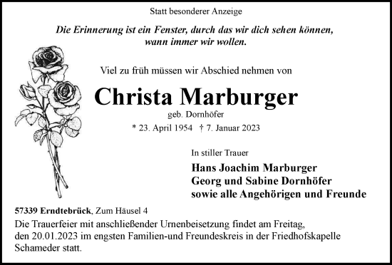 Traueranzeige von Christa Marburger von Tageszeitung