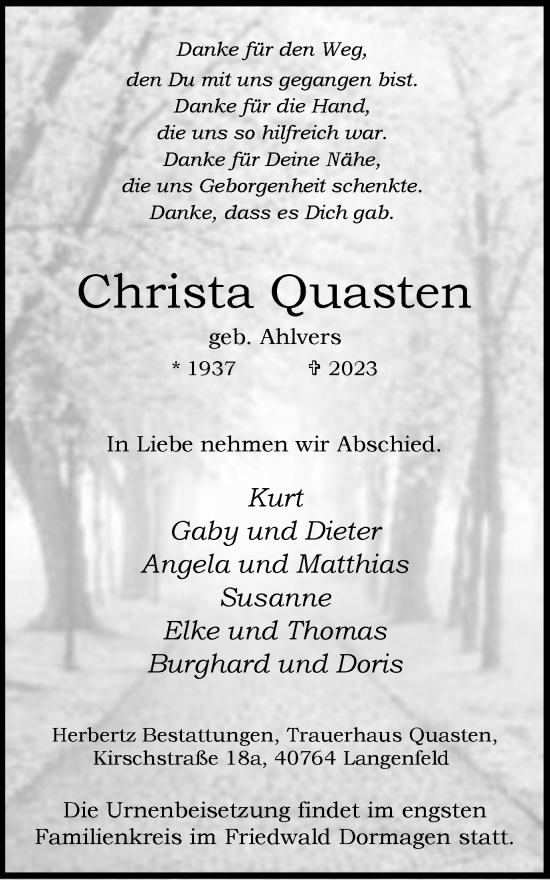 Traueranzeige von Christa Quasten von WVW Anzeigenblätter