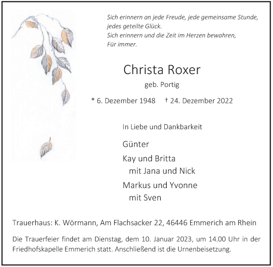 Traueranzeige von Christa Roxer von Tageszeitung