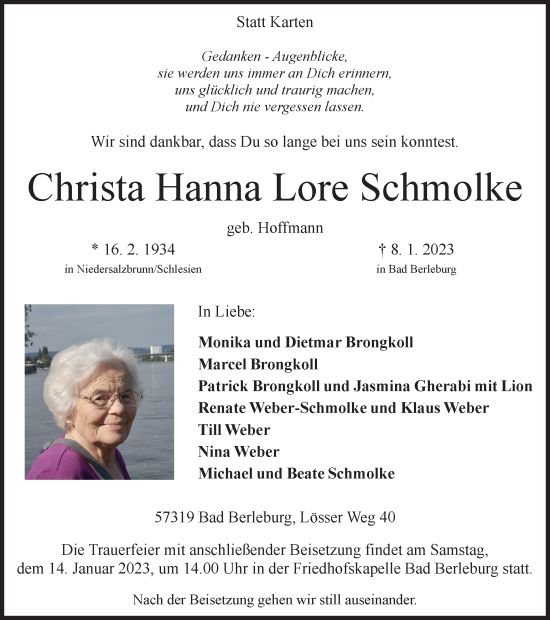 Traueranzeige von Christa Hanna Lore Schmolke von Tageszeitung