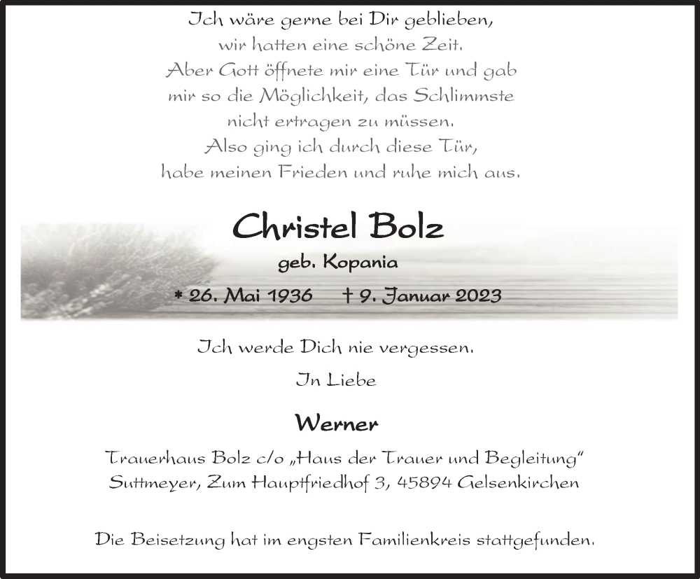  Traueranzeige für Christel Bolz vom 21.01.2023 aus Tageszeitung