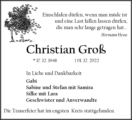 Traueranzeige von Christian Groß von Tageszeitung
