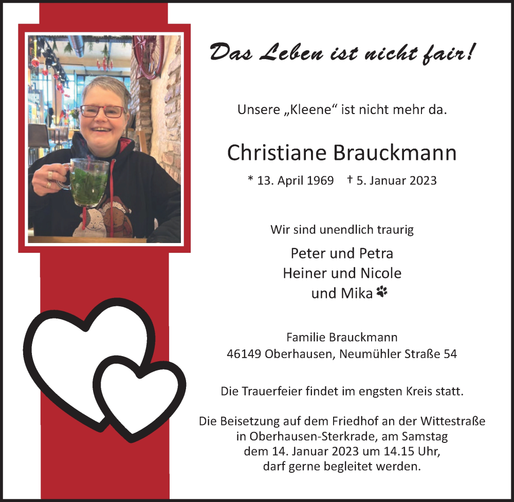  Traueranzeige für Christiane Brauckmann vom 07.01.2023 aus Tageszeitung