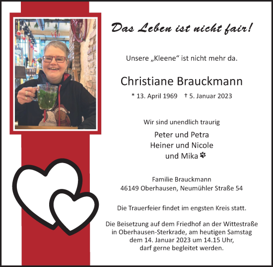 Traueranzeige von Christiane Brauckmann von WVW Anzeigenblätter