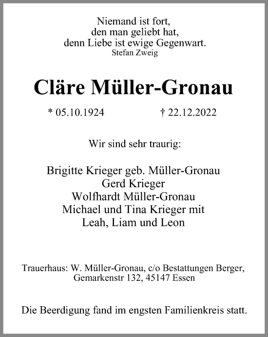 Traueranzeige von Cläre Müller-Gronau von Tageszeitung