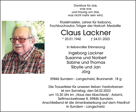 Traueranzeige von Claus Lackner von Tageszeitung