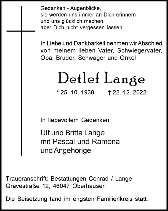 Traueranzeige von Detlef Lange von WVW Anzeigenblätter