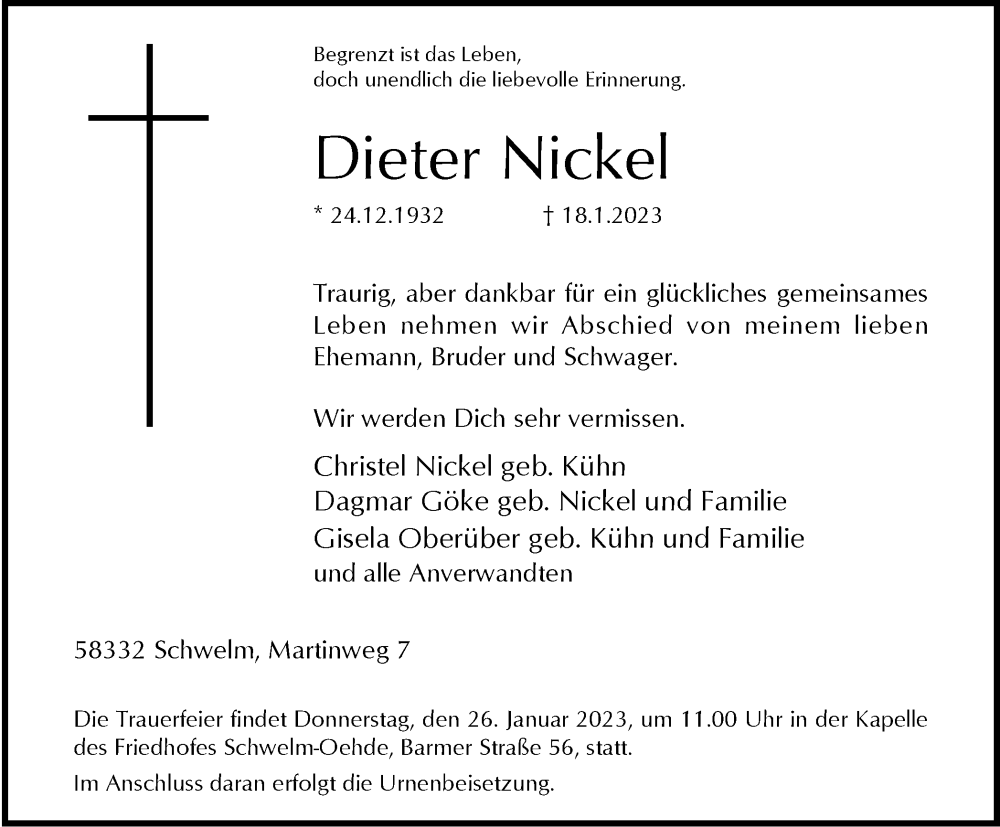  Traueranzeige für Dieter Nickel vom 21.01.2023 aus Tageszeitung