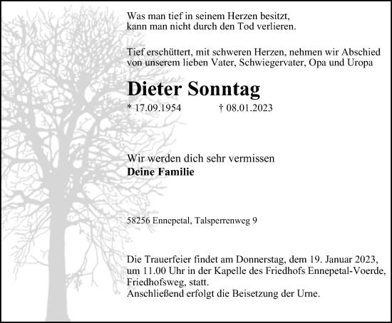 Traueranzeige von Dieter Sonntag von Tageszeitung