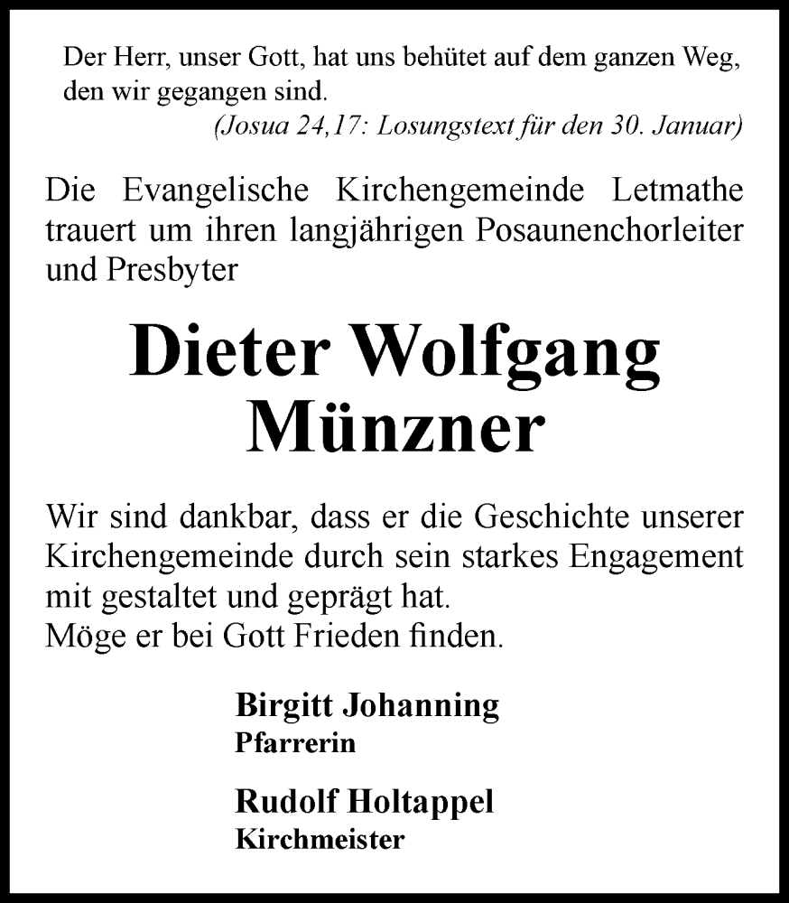  Traueranzeige für Dieter Wolfgang Münzner vom 28.01.2023 aus Tageszeitung