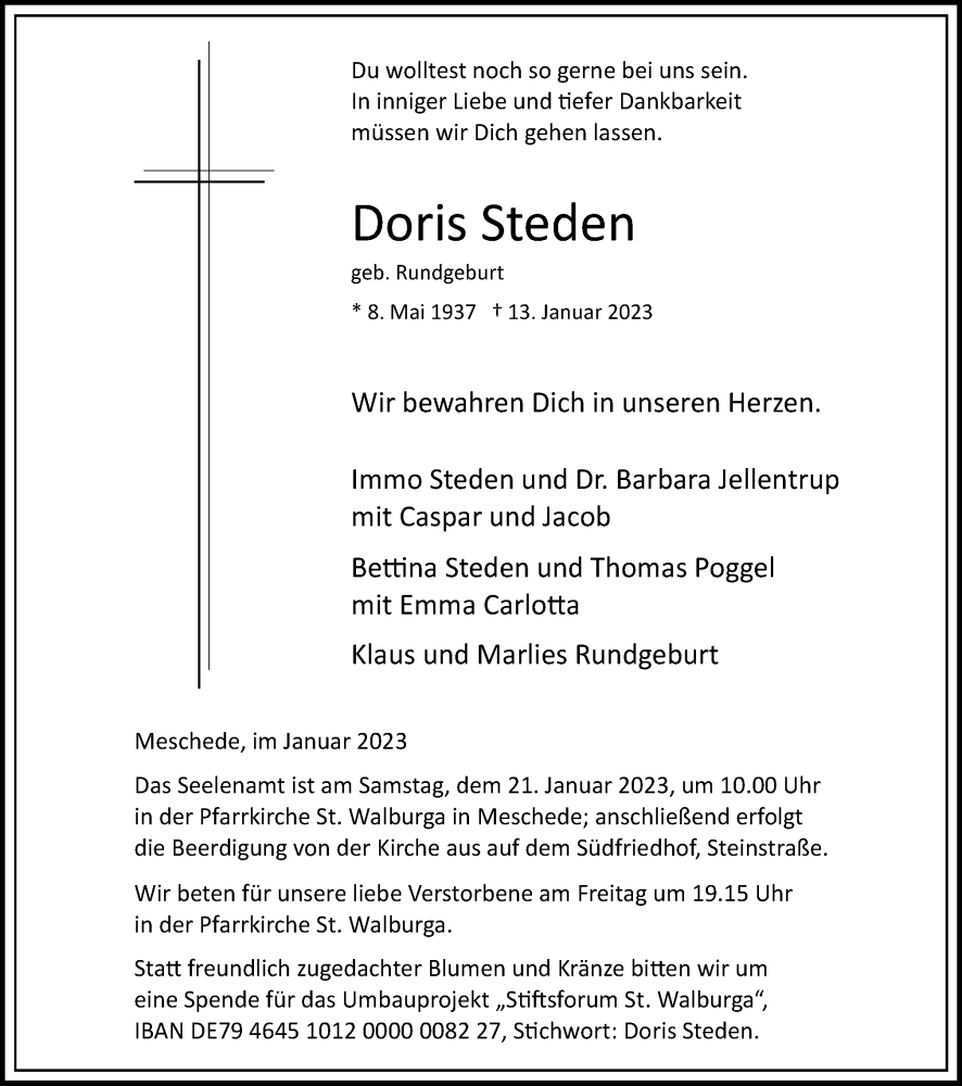  Traueranzeige für Doris Steden vom 17.01.2023 aus Tageszeitung