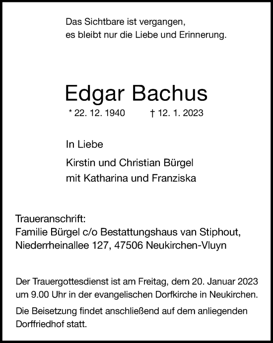 Traueranzeige von Edgar Bachus von Tageszeitung