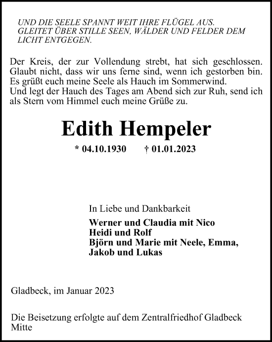 Traueranzeige von Edith Hempeler von WVW Anzeigenblätter