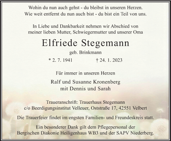 Traueranzeige von Elfriede Stegemann von WVW Anzeigenblätter