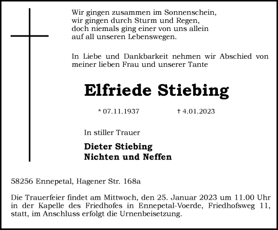 Traueranzeige von Elfriede Stiebing von Tageszeitung