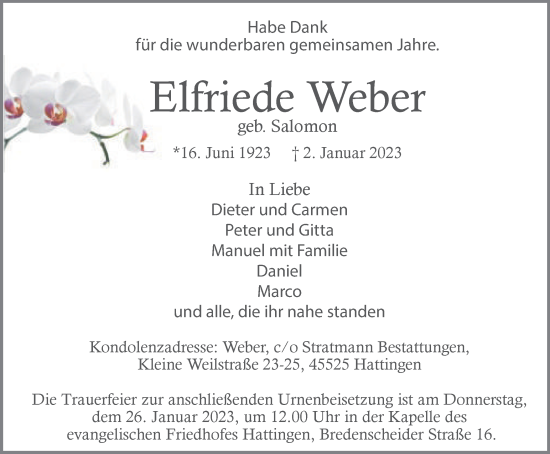 Traueranzeige von Elfriede Weber von WVW Anzeigenblätter