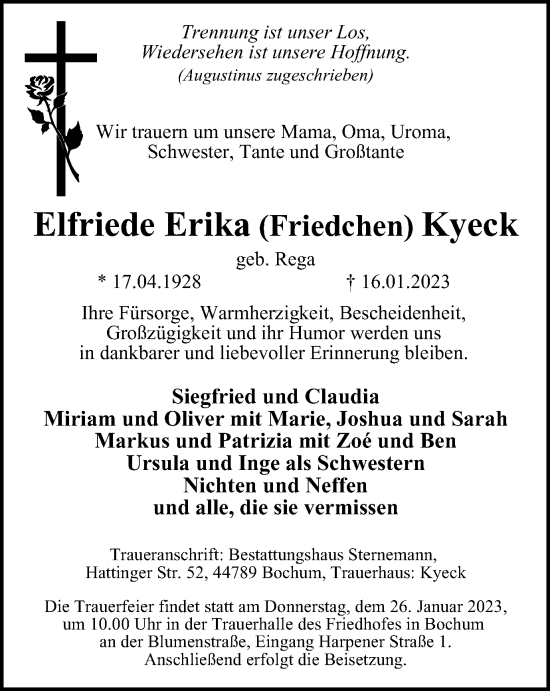 Traueranzeige von Elfriede Erika Kyeck von Tageszeitung