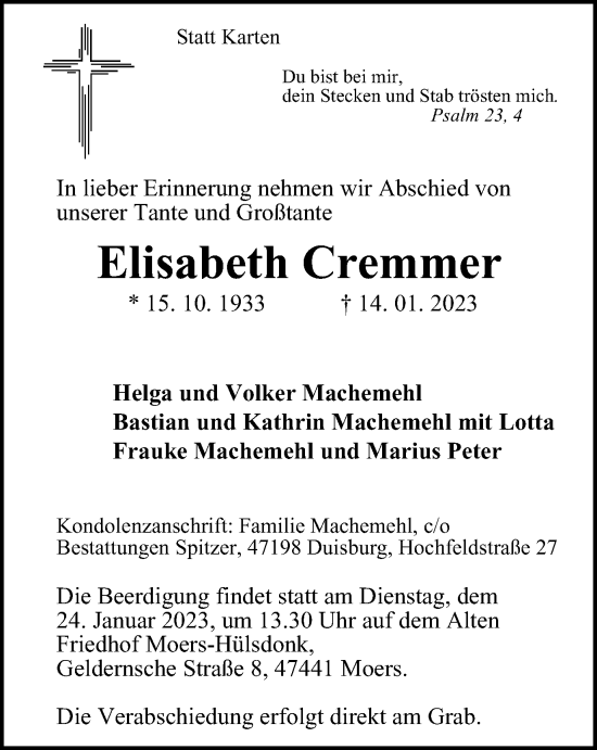 Traueranzeige von Elisabeth Cremmer von Tageszeitung