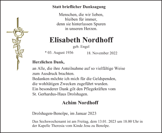 Traueranzeige von Elisabeth Nordhoff von Tageszeitung