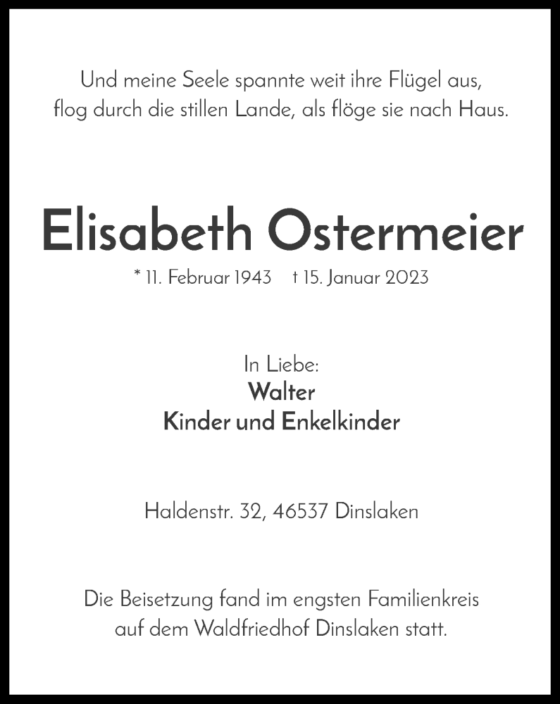  Traueranzeige für Elisabeth Ostermeier vom 24.01.2023 aus Tageszeitung