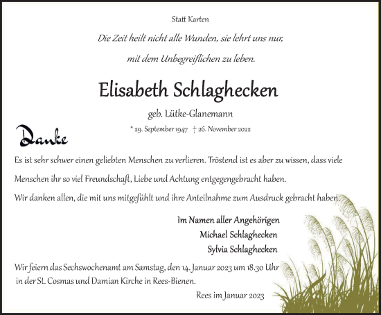 Traueranzeige von Elisabeth Schlaghecken von Tageszeitung