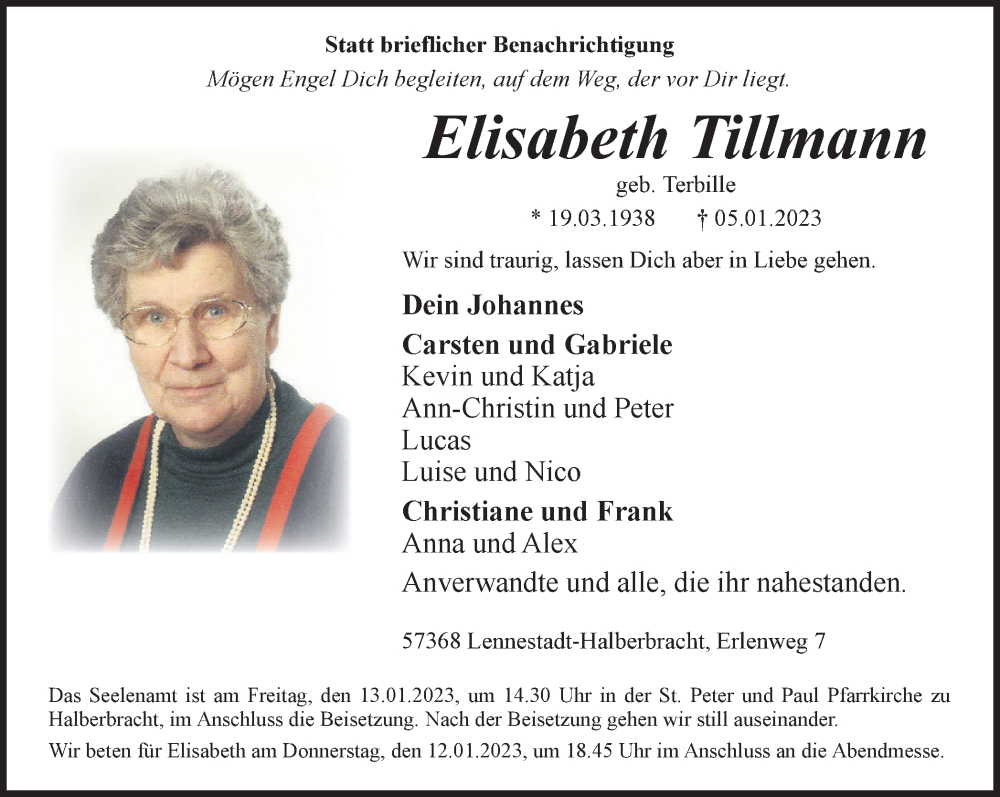  Traueranzeige für Elisabeth Tillmann vom 11.01.2023 aus Tageszeitung